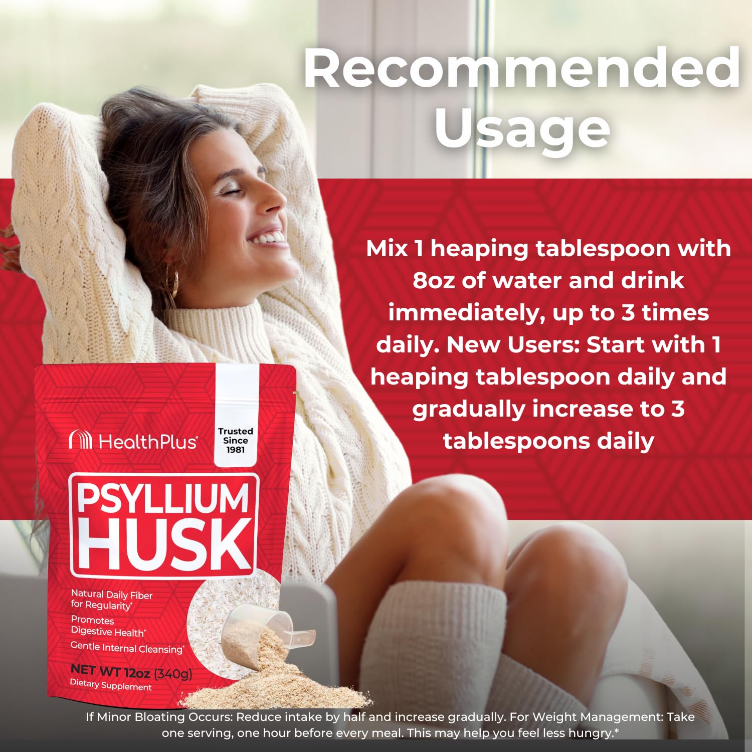 Measuring scoop with psyllium husk powder