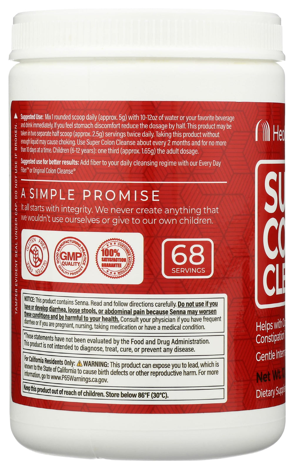 Health Plus Super Colon Cleanse ingredients chart highlights senna, psyllium, fennel, papaya.