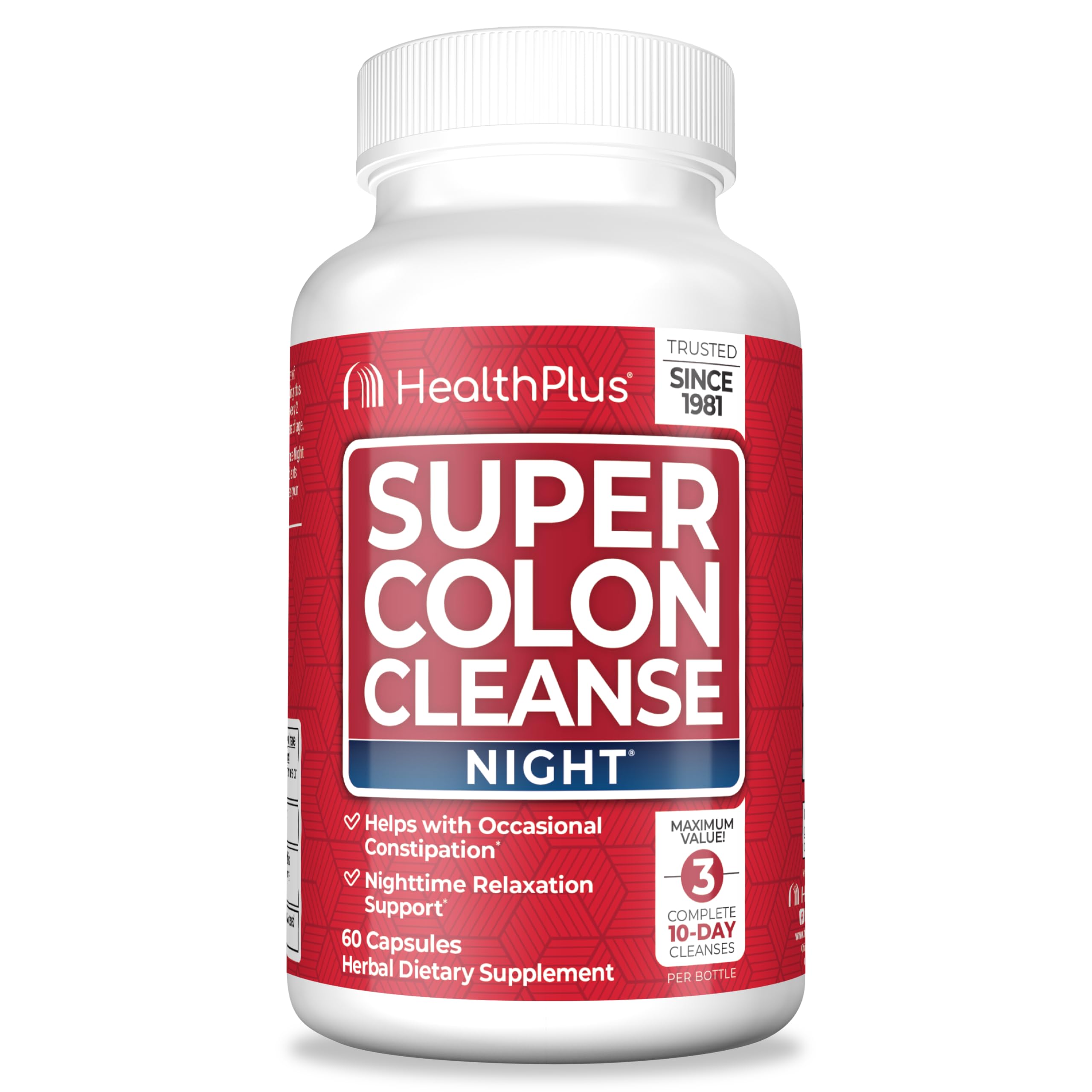 Health Plus Super Colon Cleanse Night bottle front shows capsules for gentle constipation relief