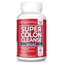 Health Plus Super Colon Cleanse Night bottle front shows capsules for gentle constipation relief