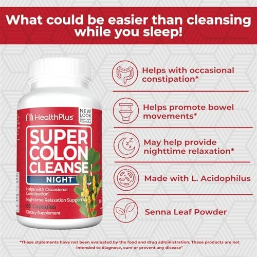 Health Plus Super Colon Cleanse Night capsules closeup emphasizes probiotic gut balance benefits