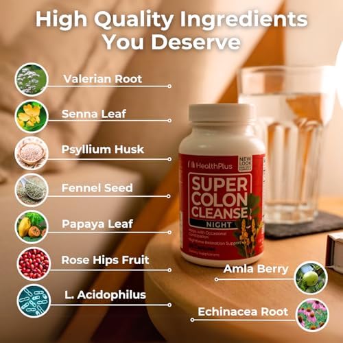 Health Plus Super Colon Cleanse Night valerian root badge suggests sleep-support potential