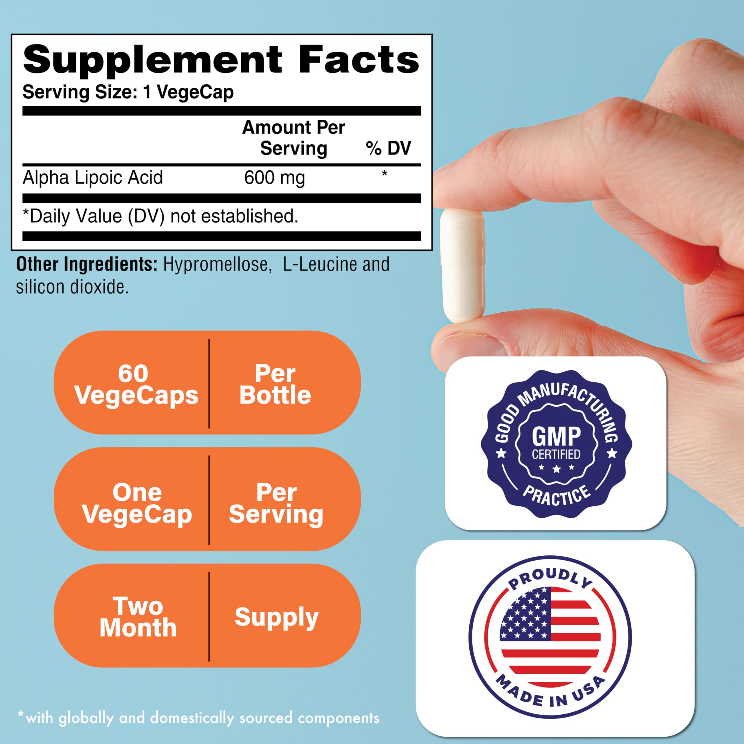 Alpha Lipoic Acid 600mg capsules – 60 serving bottle side view