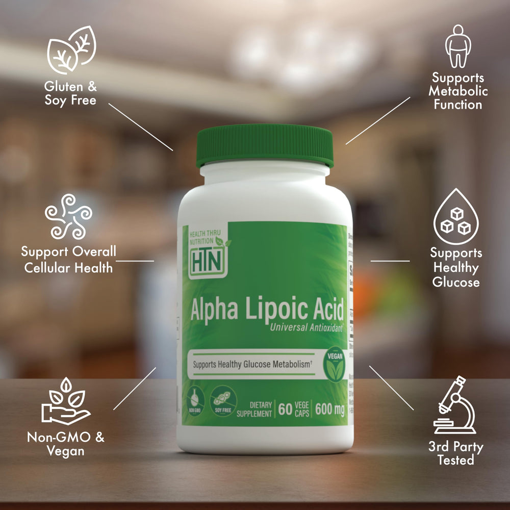 Close-up of Health Thru Nutrition Alpha Lipoic Acid 600mg capsules