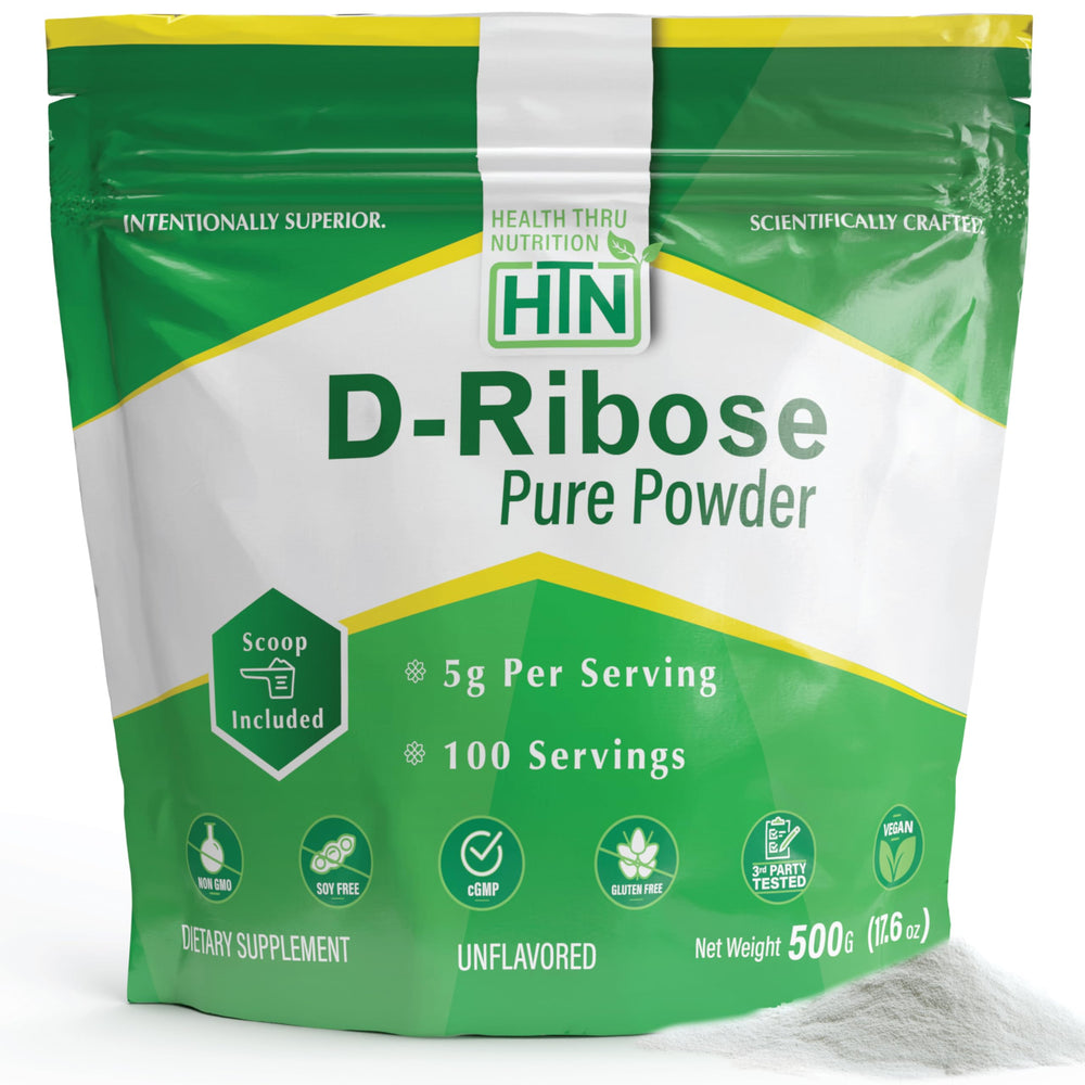 Health Thru Nutrition D-Ribose powder bottle front view highlighting pure energy support