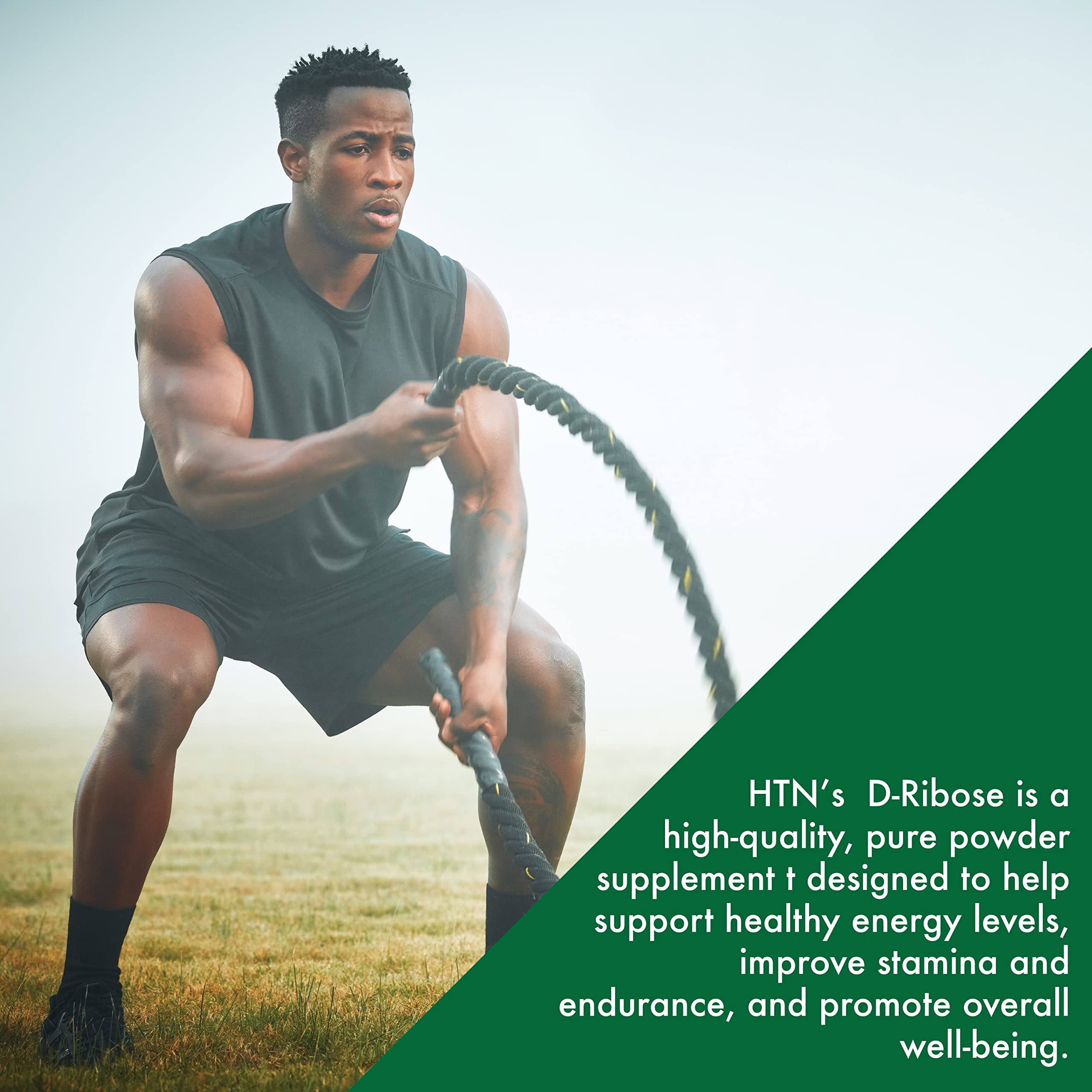 Health Thru Nutrition D-Ribose powder container close-up emphasizes non-GMO and gluten-free attributes.