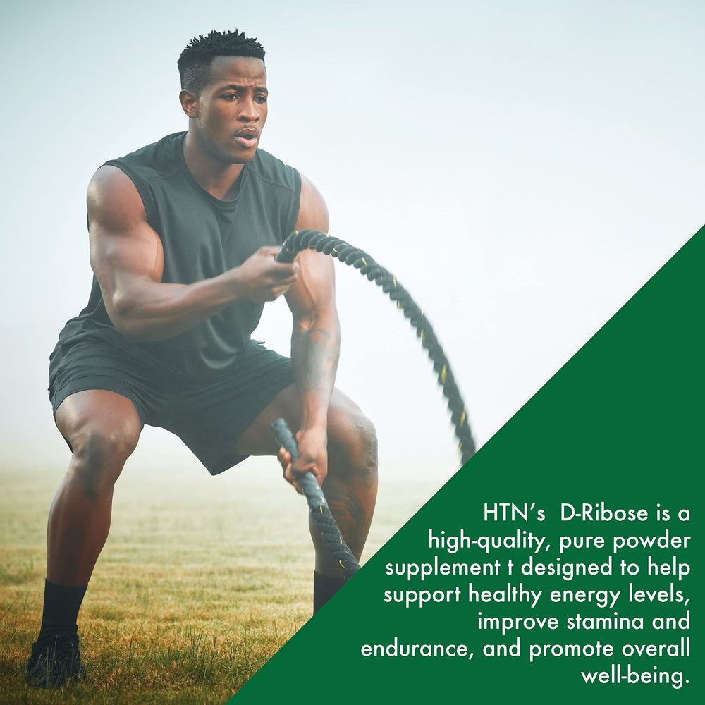Health Thru Nutrition D-Ribose powder container close-up emphasizes non-GMO and gluten-free attributes.