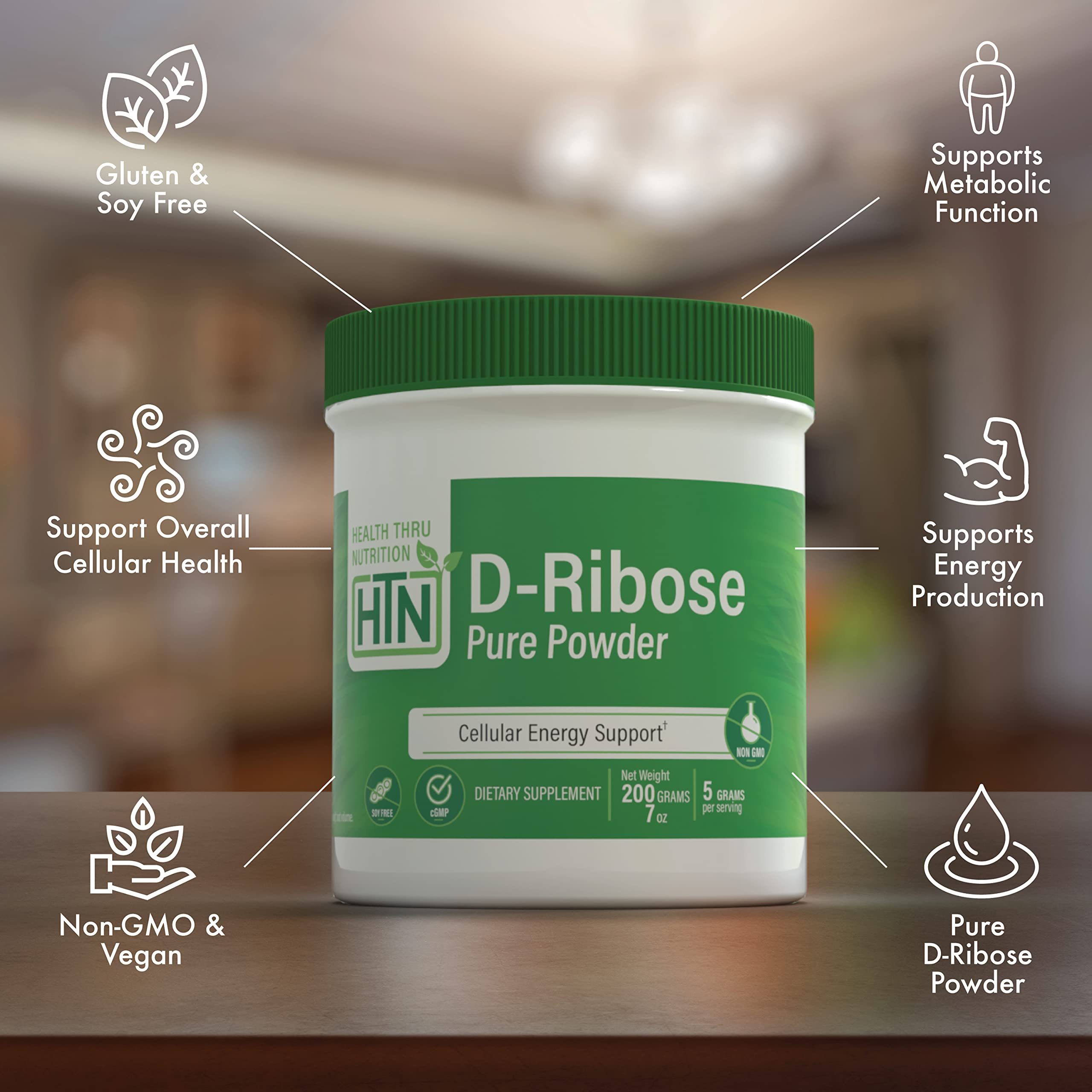 Health Thru Nutrition D-Ribose powder scooped into smoothies for a clean energy lift.