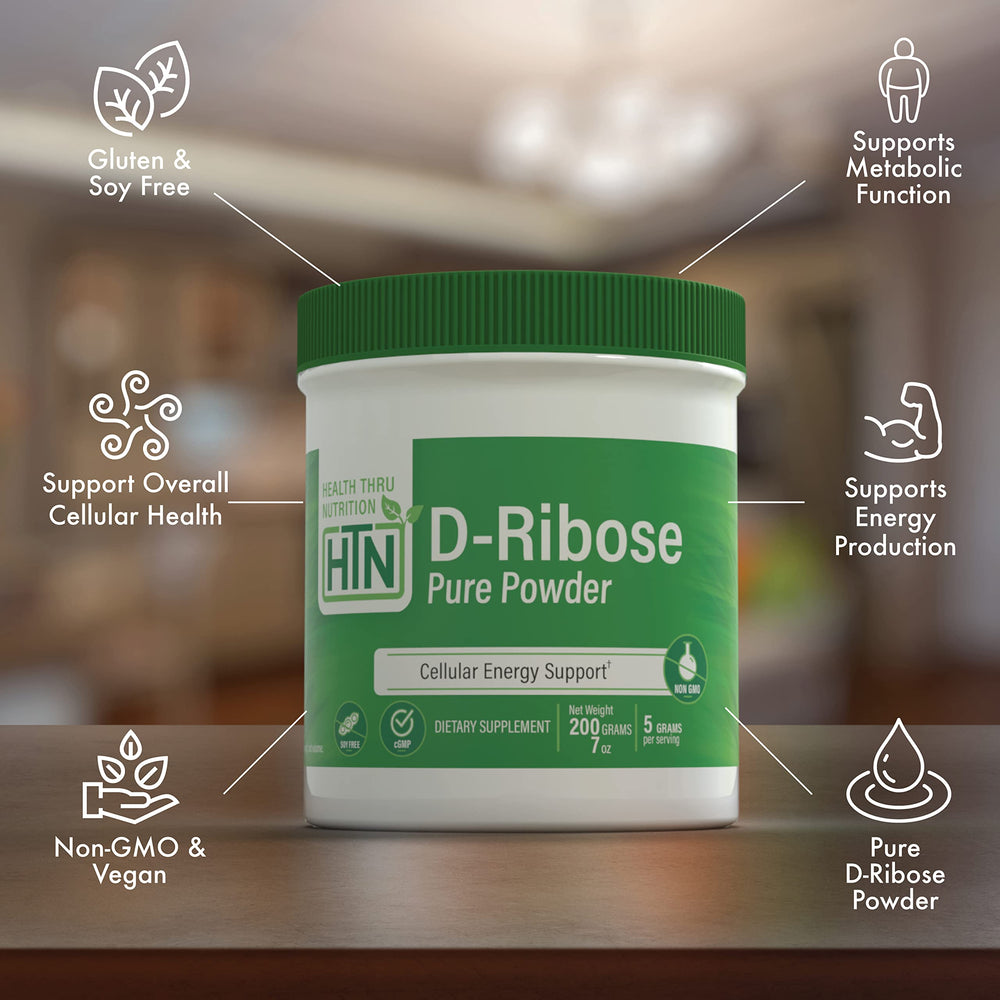 Health Thru Nutrition D-Ribose powder scooped into smoothies for a clean energy lift.