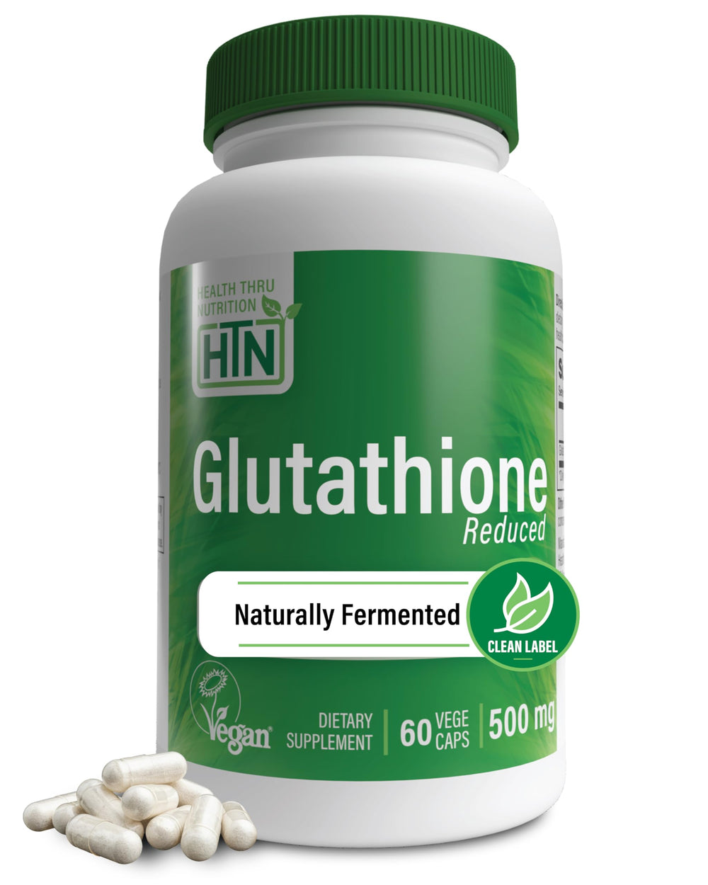 Health Thru Nutrition glutathione reduced 500mg vegecaps bottle front shows product packaging and clean label benefit