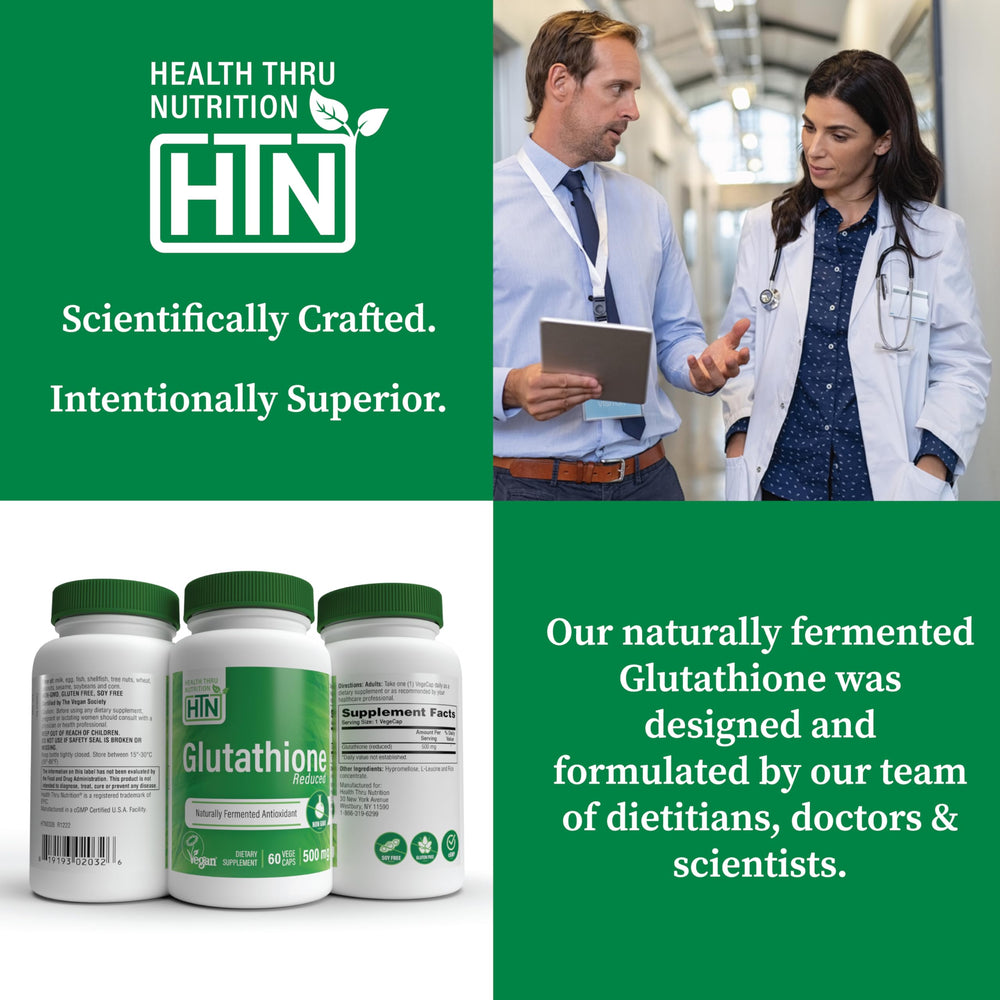 Health Thru Nutrition glutathione reduced 500mg vegecaps vegan-certified label signaling plant-based antioxidant support