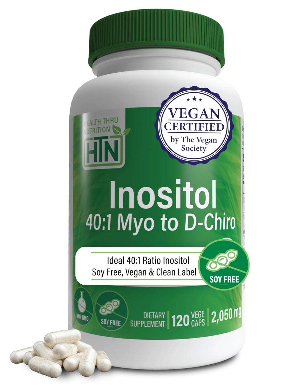Health Thru Nutrition Inositol supplement bottle showing 40:1 ratio and 2050mg per serving
