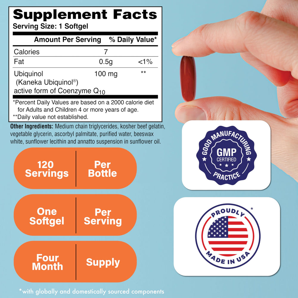 Close-up of Kaneka Ubiquinol 100mg softgel capsules
