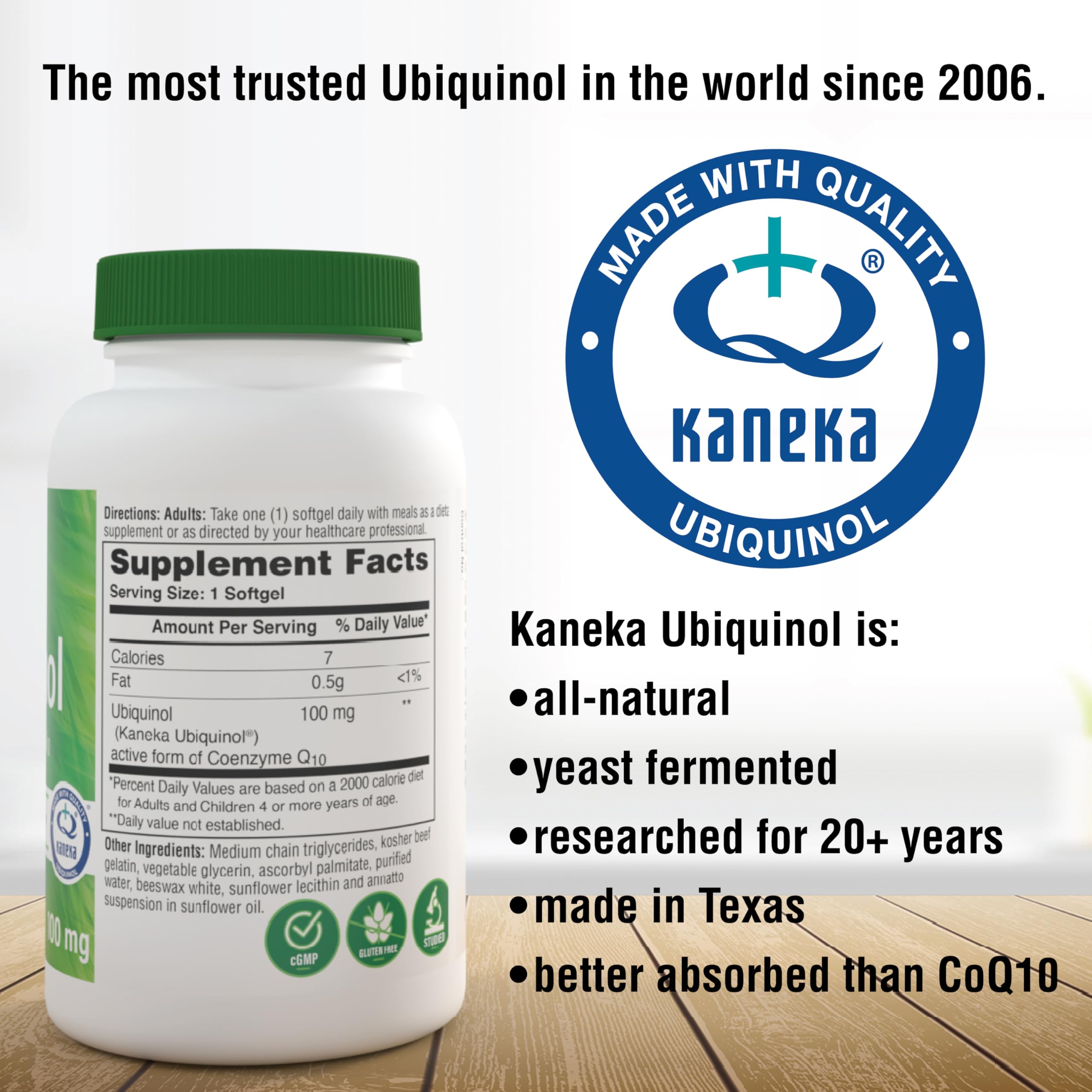 Front of bottle featuring Kaneka QH Reduced CoQ-10 branding