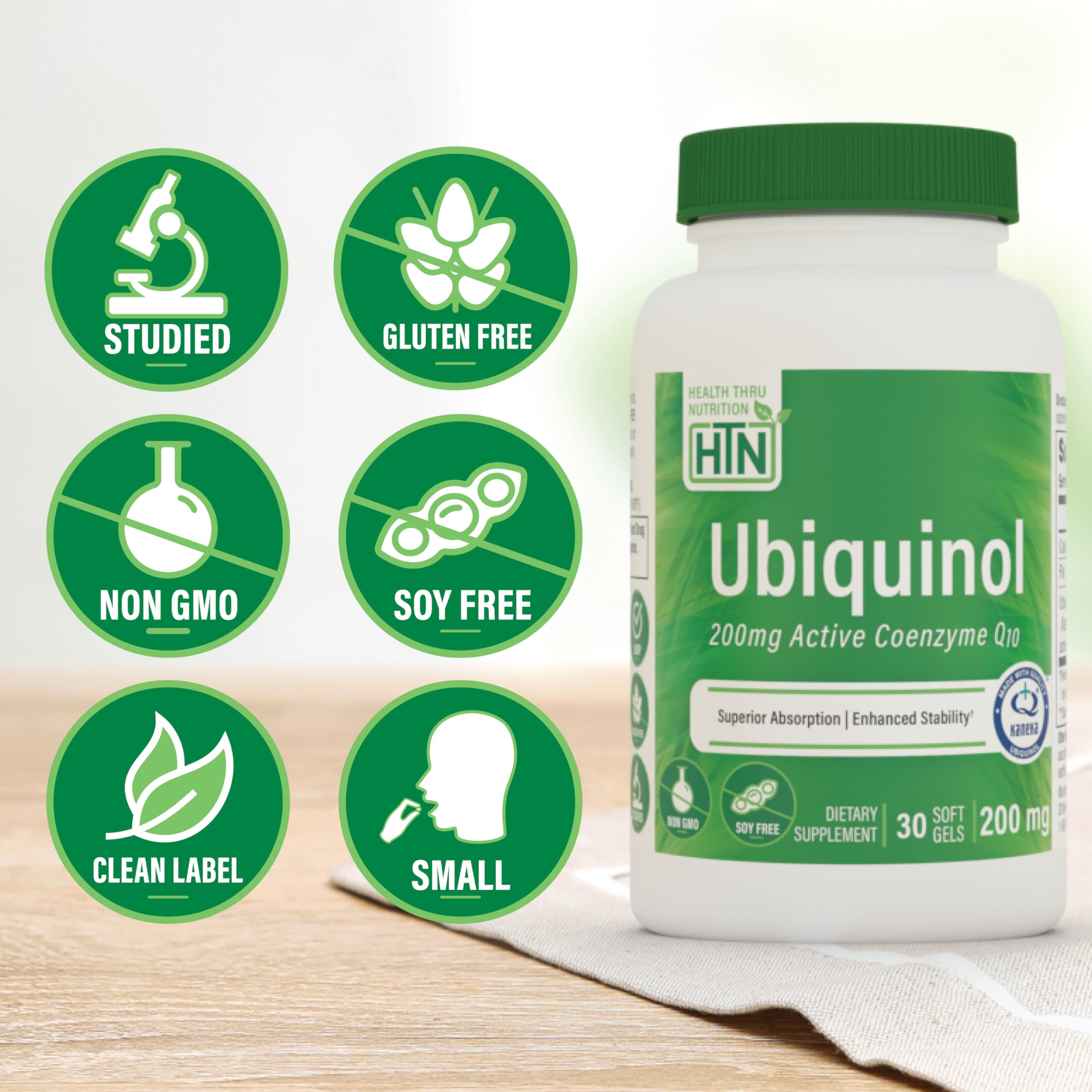 Close-up of Kaneka Ubiquinol label on Health Thru Nutrition product
