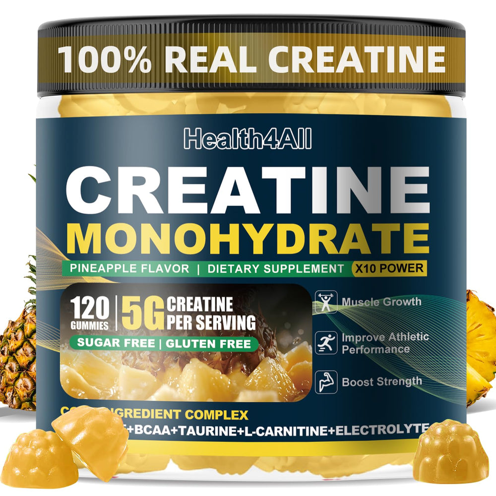 Health4All Creatine Monohydrate Gummies bottle showcases vegan formula for active workouts.