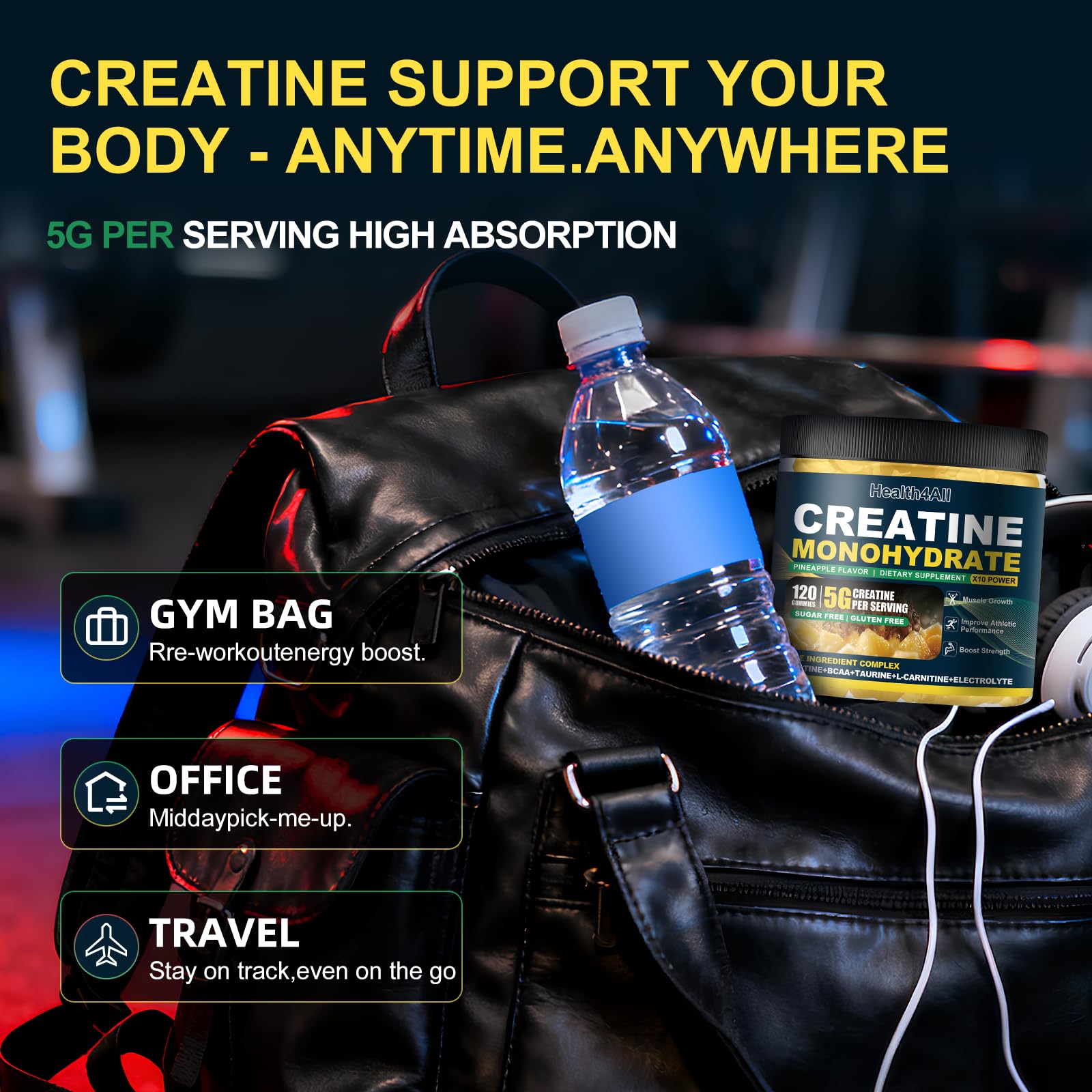 Health4All Creatine Monohydrate Gummies vegan-formula close-up underlines safe ingredients.