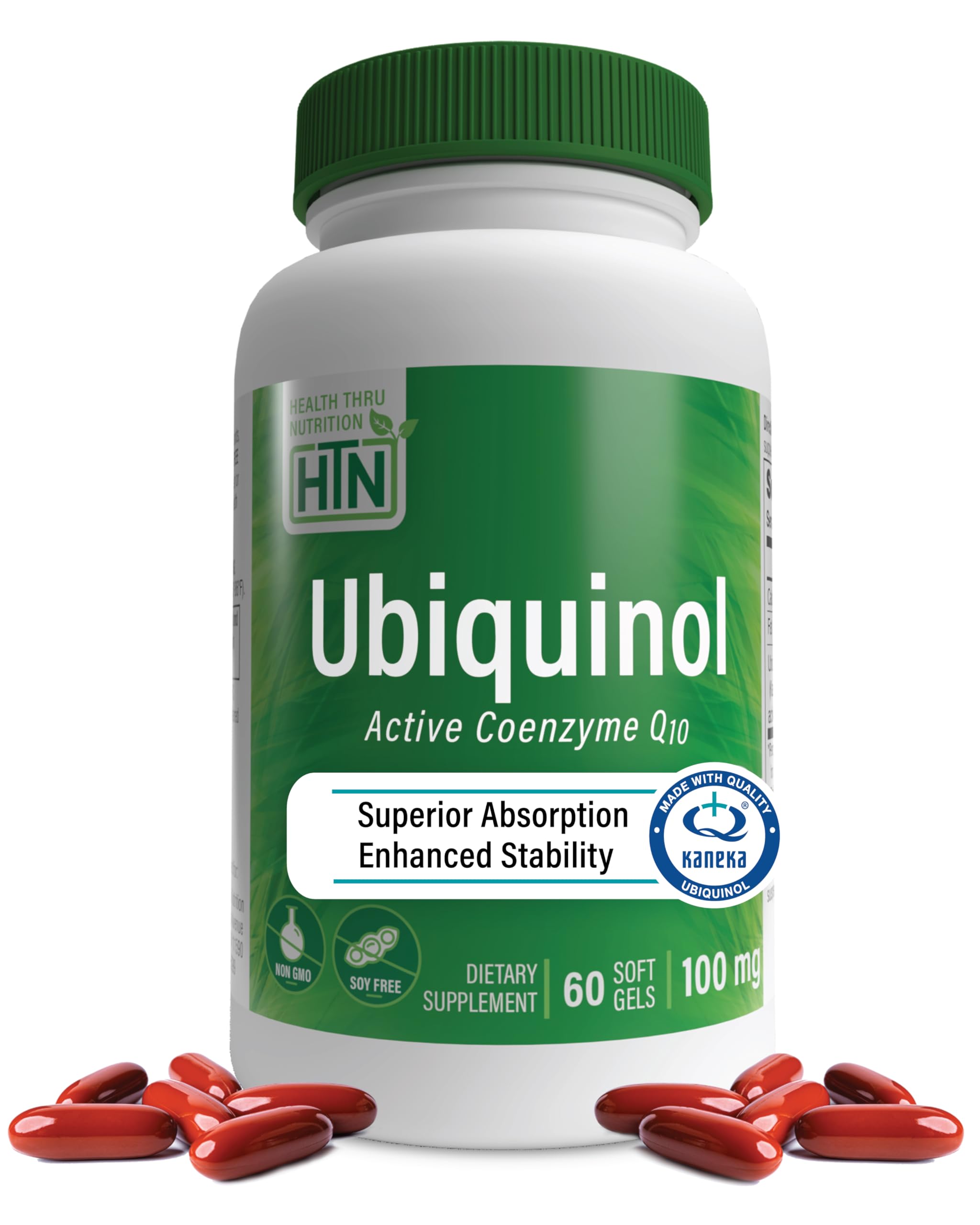 Bottle of Health Thru Nutrition Ubiquinol 100mg 60 softgels