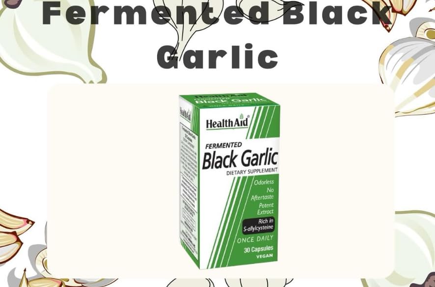 HealthAid Fermented Black Garlic packaging noting vegan and non-GMO