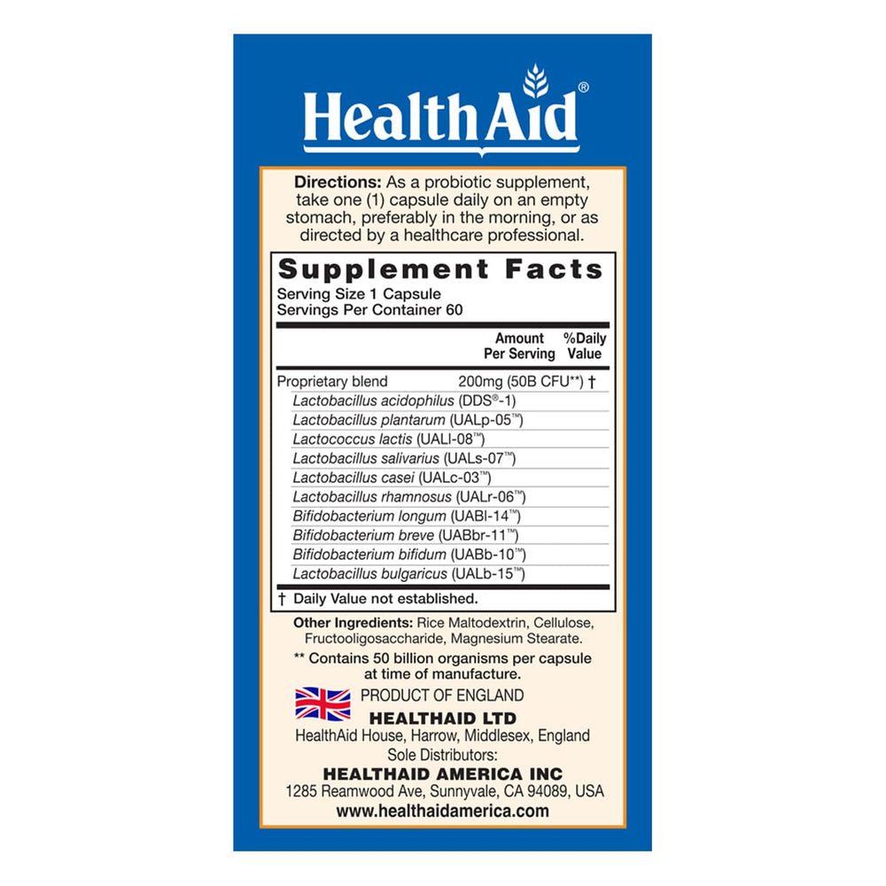HealthAid ImmuProbio 60 Caps bottle label showing 50 Billion CFU