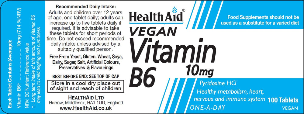 HealthAid Vitamin B6 (Pyridoxine HCl) 10mg tablets – 100-count packaging