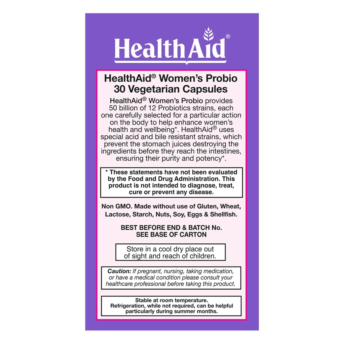 HealthAid Women's Probiotic box and bottle with 30-count capsules