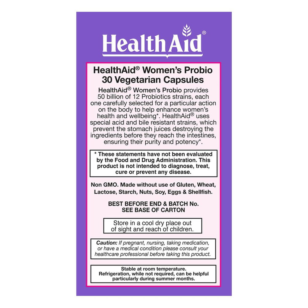 HealthAid Women's Probiotic box and bottle with 30-count capsules