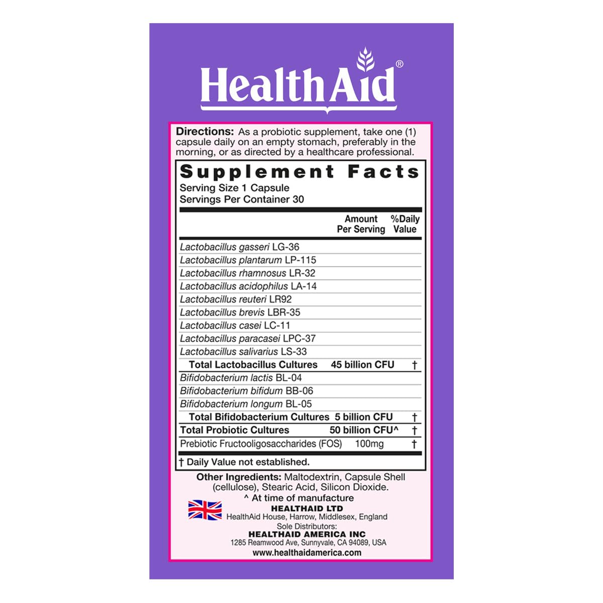Close-up of HealthAid Women's Probiotic 50 Billion CFU + Prebiotic capsules