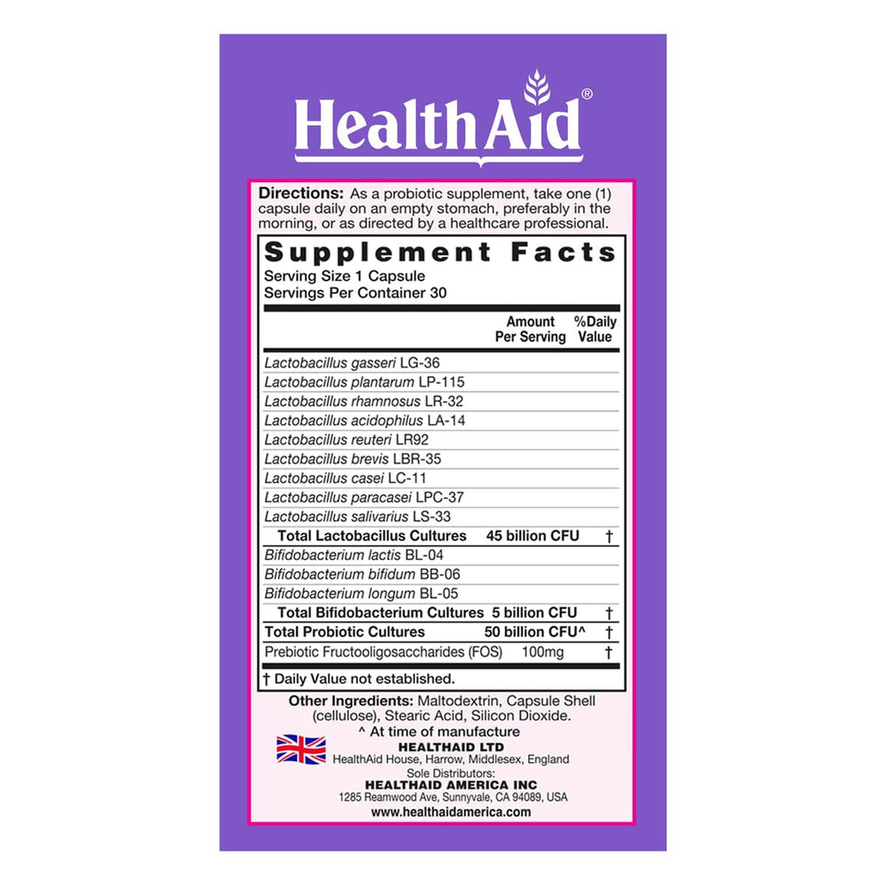 Close-up of HealthAid Women's Probiotic 50 Billion CFU + Prebiotic capsules