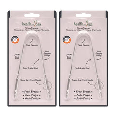 Close-up of SteloSwipe stainless steel tongue scraper handle