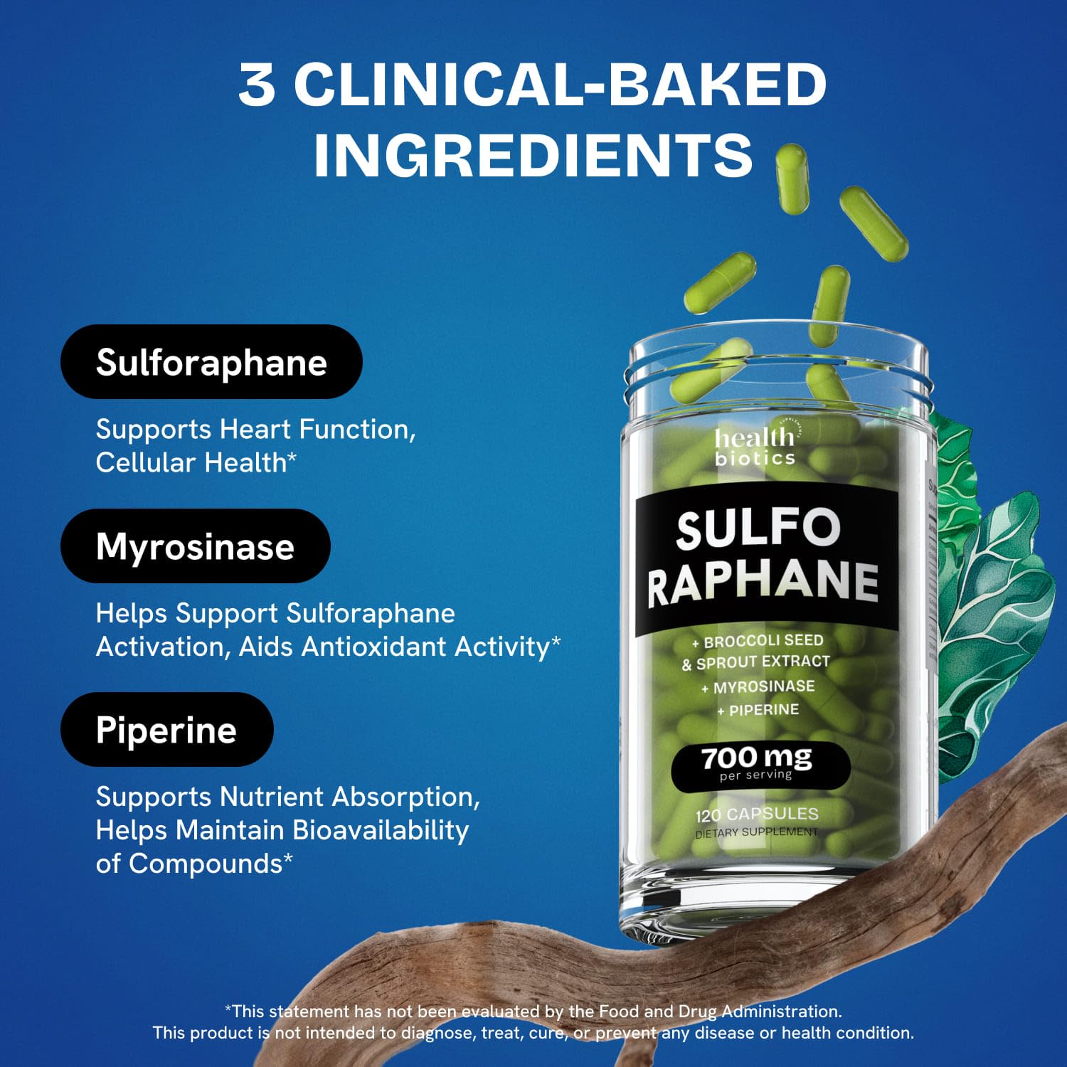 Supplement facts label and capsules on white background