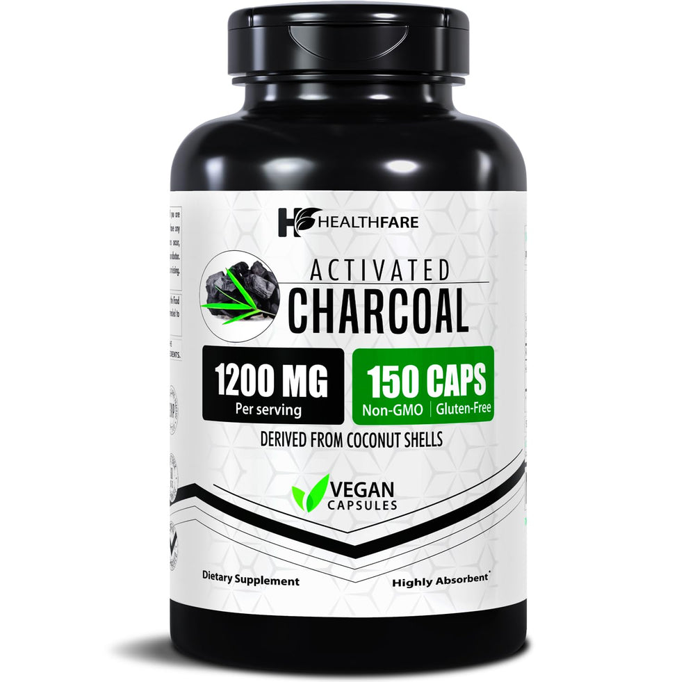 Healthfare Activated Charcoal Pills bottle showing 1200mg per capsule