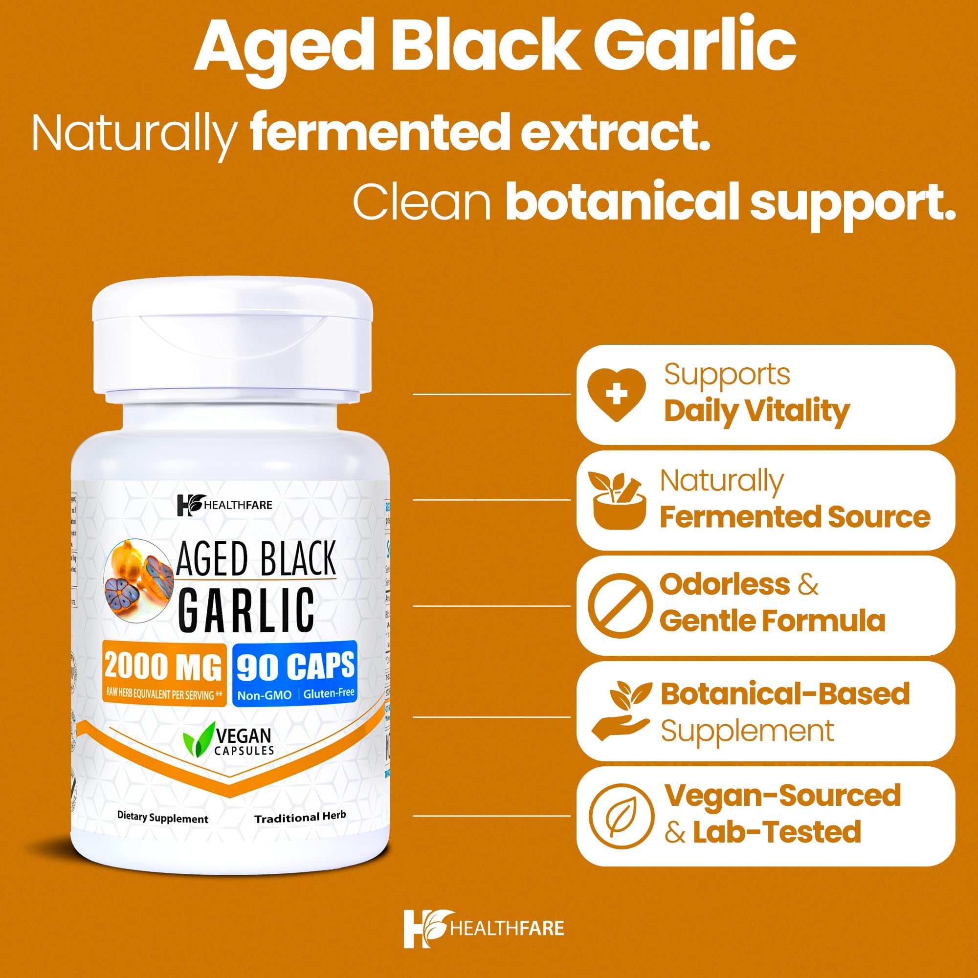 Close-up of Healthfare aged black garlic capsules