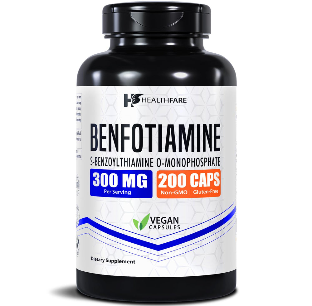 Healthfare Benfotiamine 300mg bottle label – 200 vegan capsules