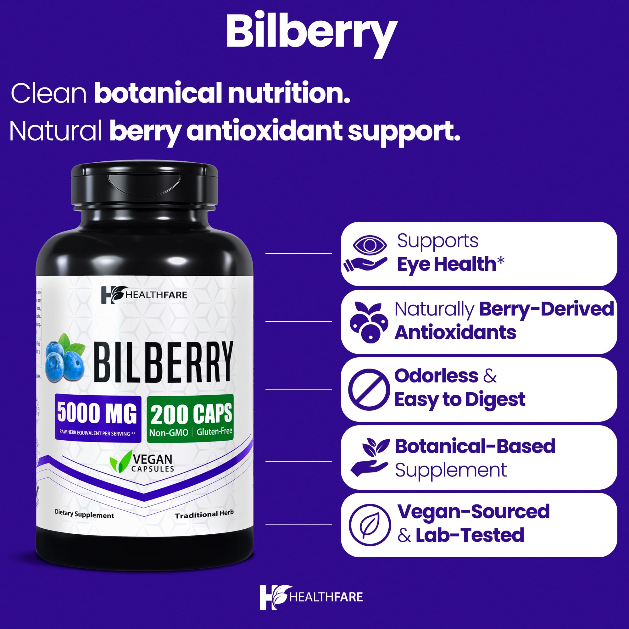Capsule showing 1250mg bilberry extract per capsule