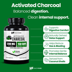 Close-up of Healthfare activated charcoal capsules (150 vegan capsules)