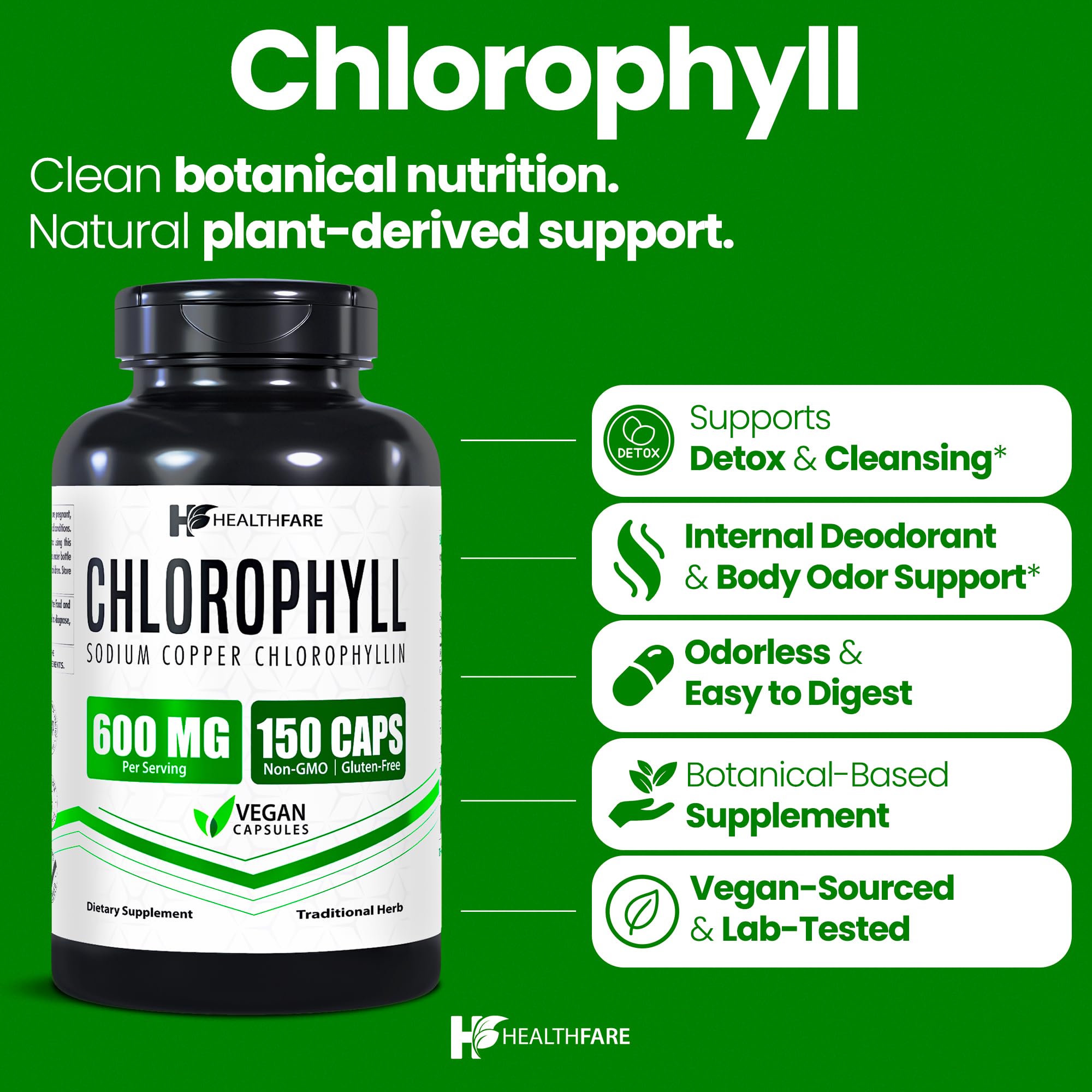Close-up of Healthfare Chlorophyll Capsules 600mg capsules