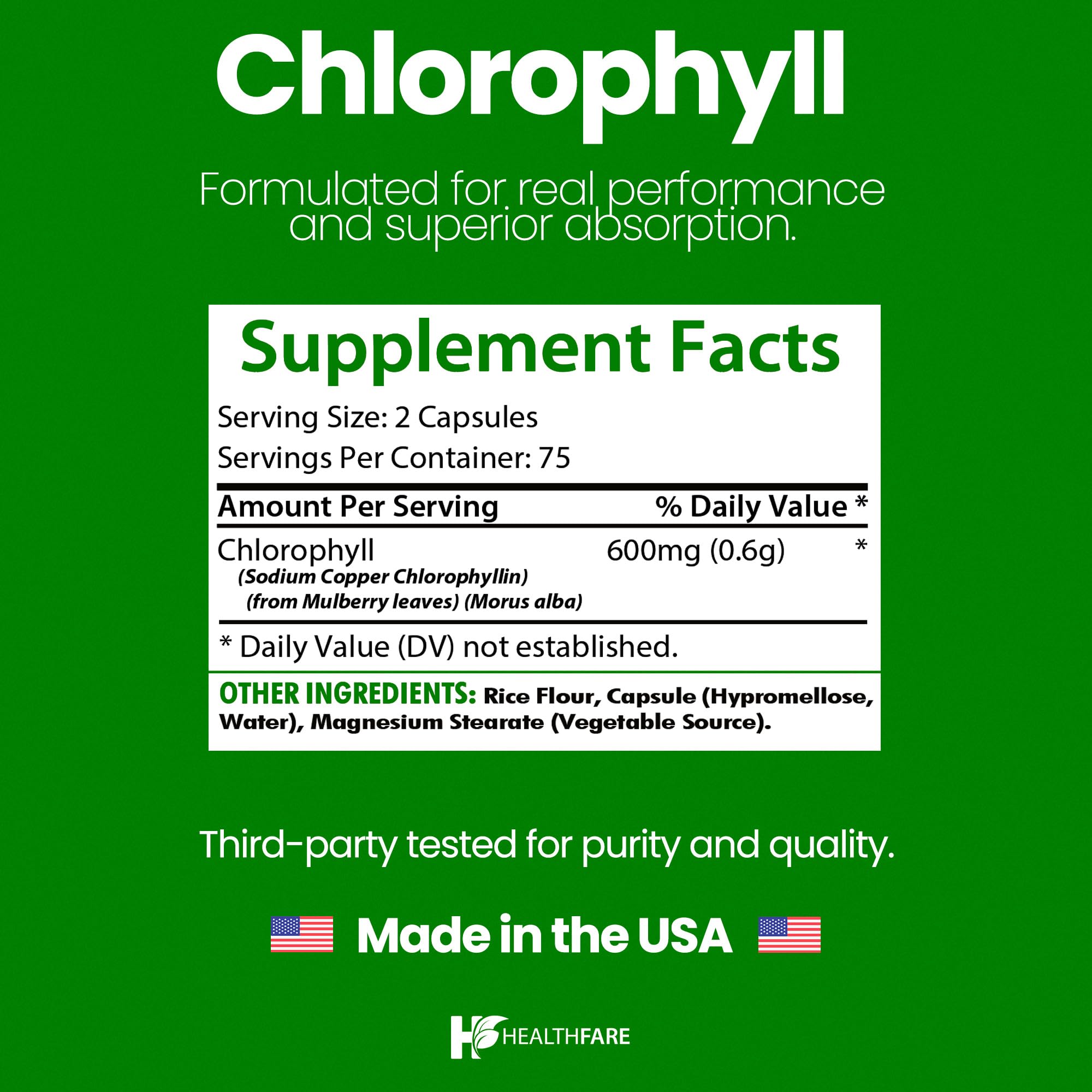 Healthfare Chlorophyll Capsules 600mg packaging and branding