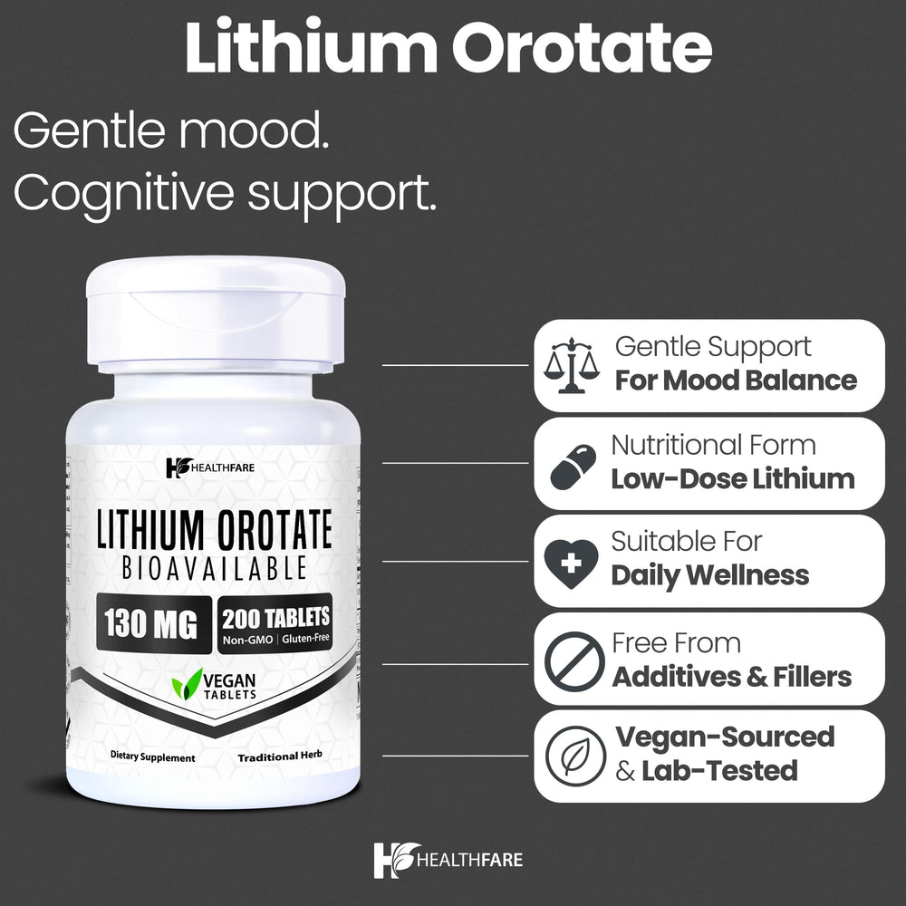 Close-up of HealthFare lithium orotate 130mg bottle