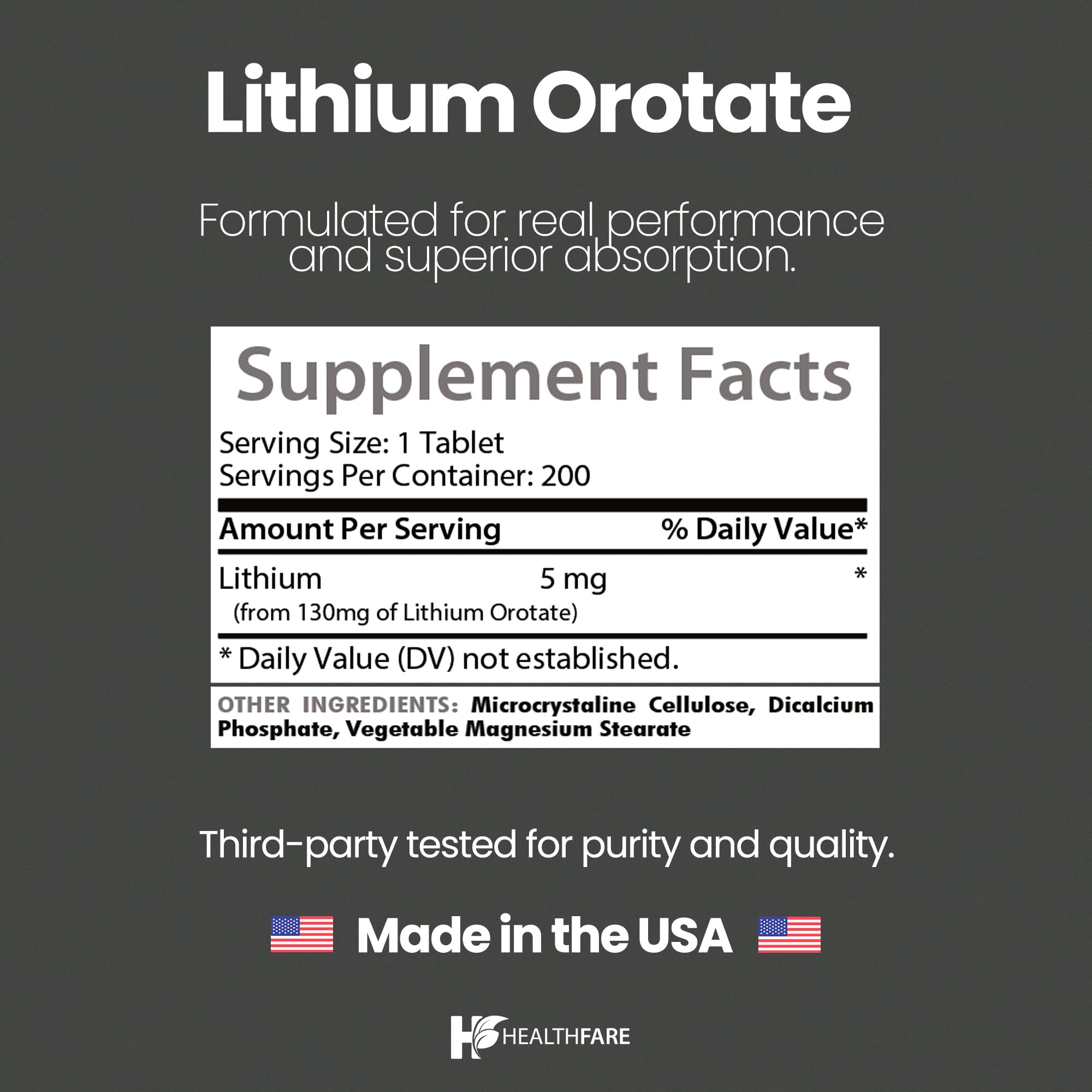 Nutrition facts panel for HealthFare Lithium Orotate 130 mg