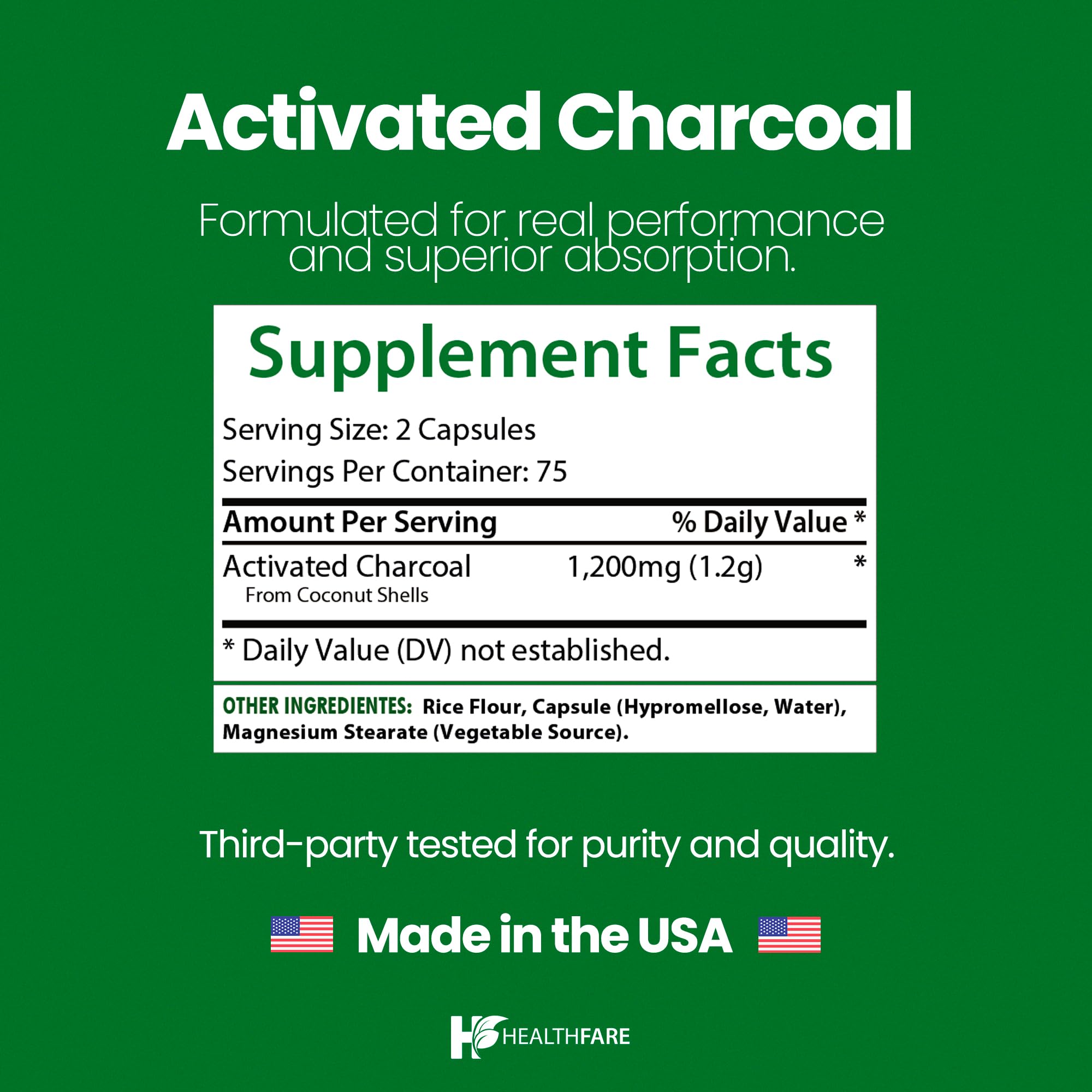 Organic coconut-sourced activated charcoal for Healthfare pills