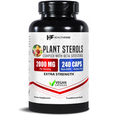 Healthfare Plant Sterols capsules bottle showing 2000mg potency and vegan formulation