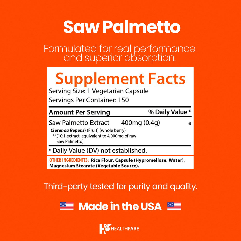 Close-up of Healthfare Saw Palmetto vegan capsules