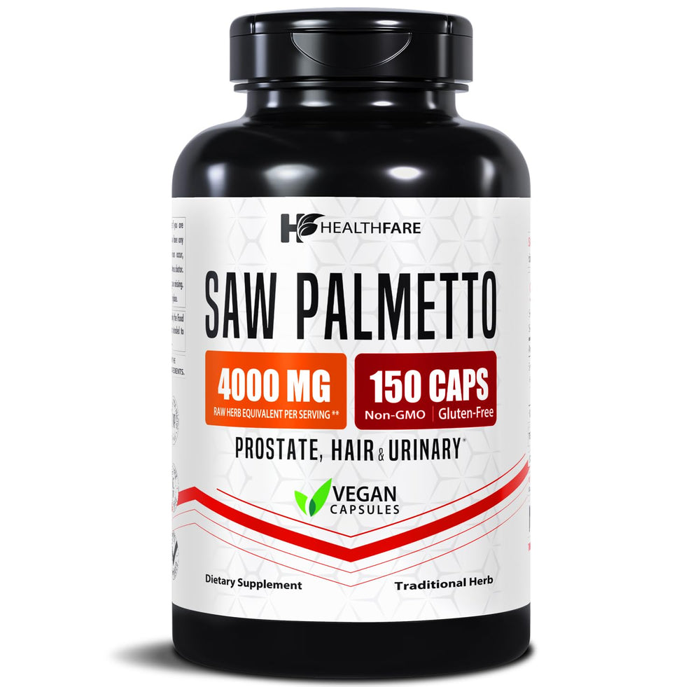 Healthfare Saw Palmetto bottle and capsules on white background