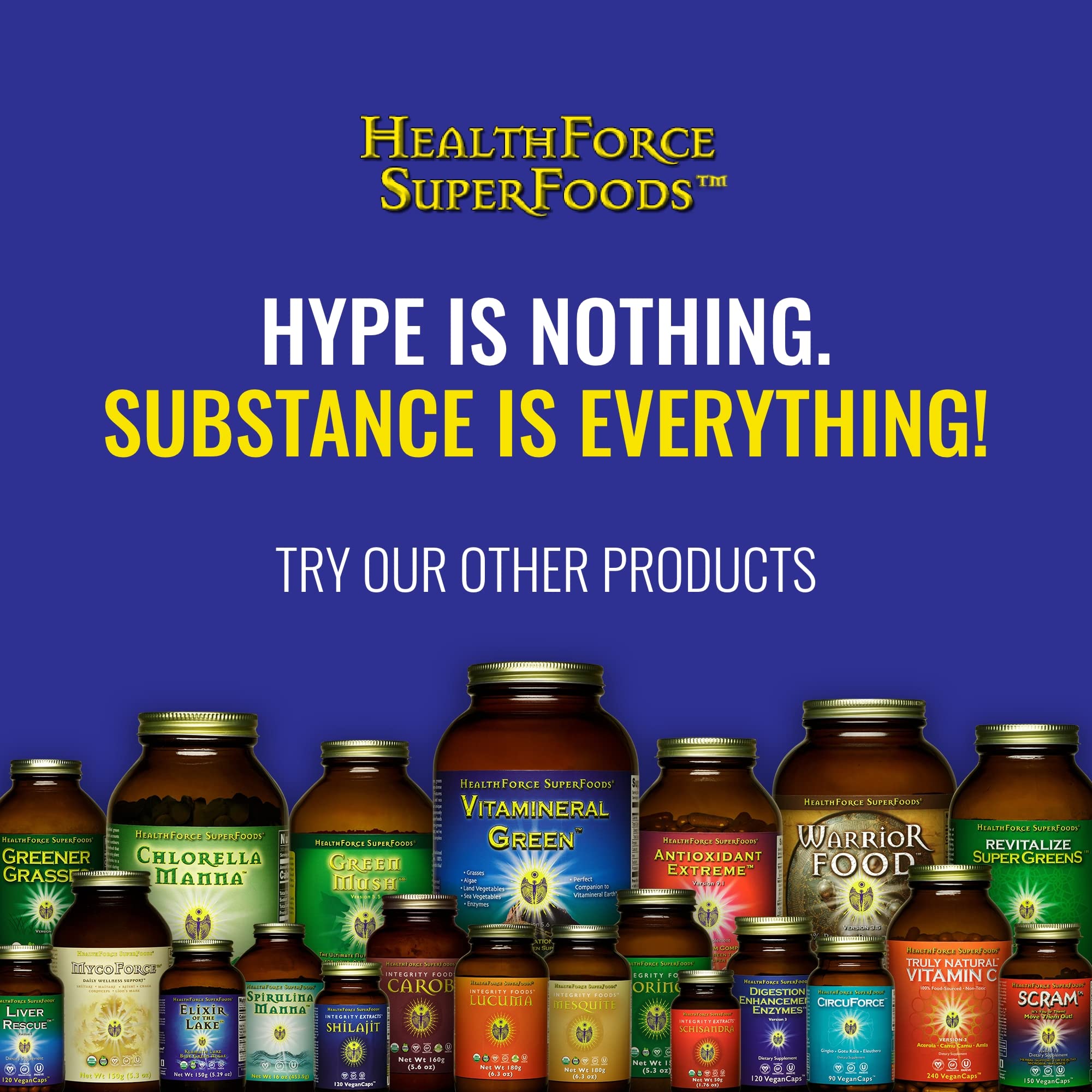 HEALTHFORCE SUPERFOODS certification seals close-up showing vegan kosher gluten-free assurance