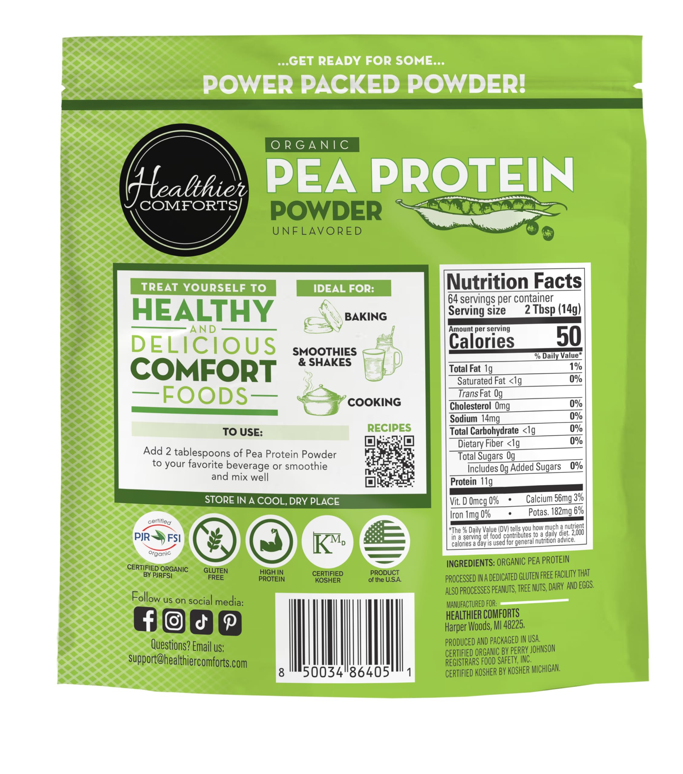 Back view of Healthier Comforts pea protein powder 2 lb container with nutrition facts