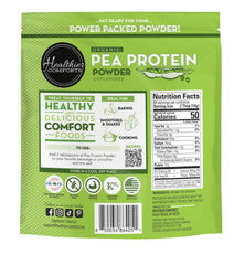 Back view of Healthier Comforts pea protein powder 2 lb container with nutrition facts