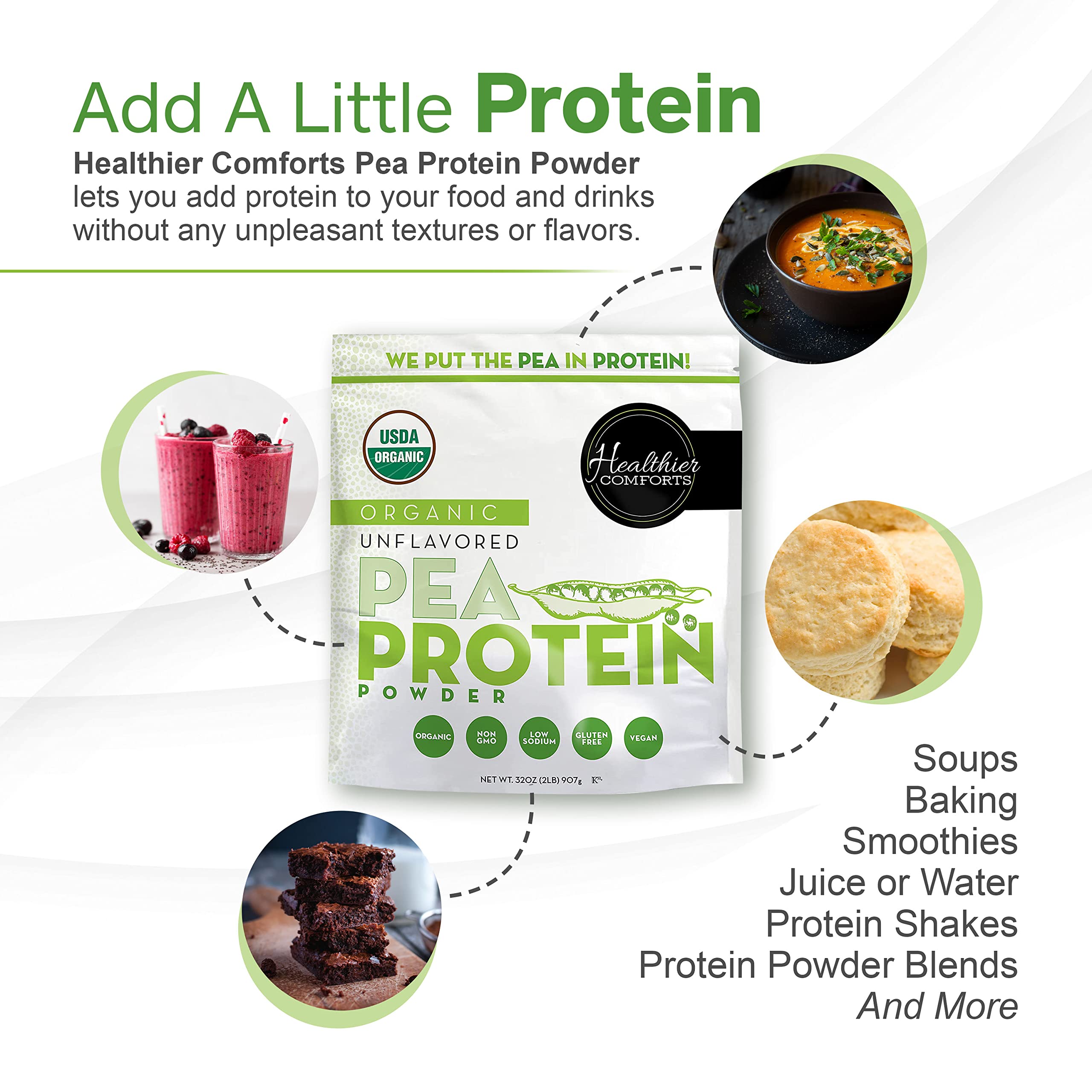 Close-up of Healthier Comforts unflavored pea protein isolate