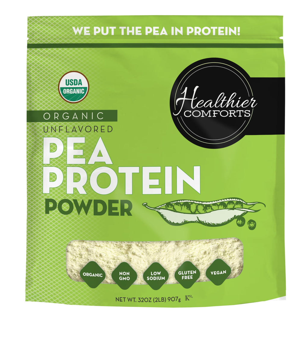 Front view of Healthier Comforts pea protein powder 2 lb container