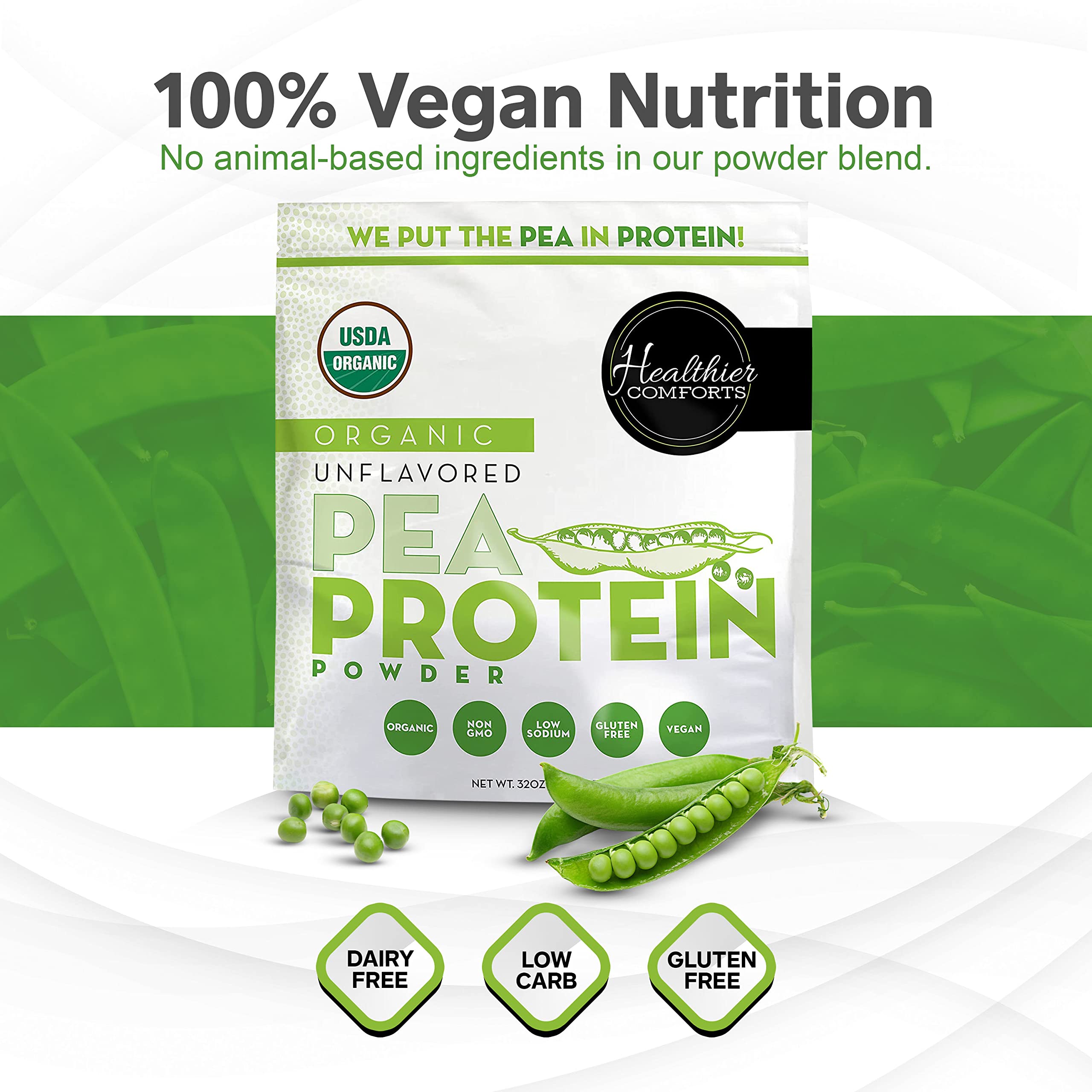 Healthier Comforts pea protein powder on USA store shelf